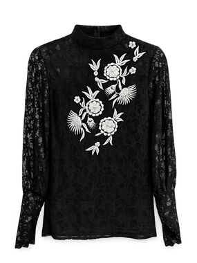 Topshop Black Lace Blouse with White Floral Appliqué